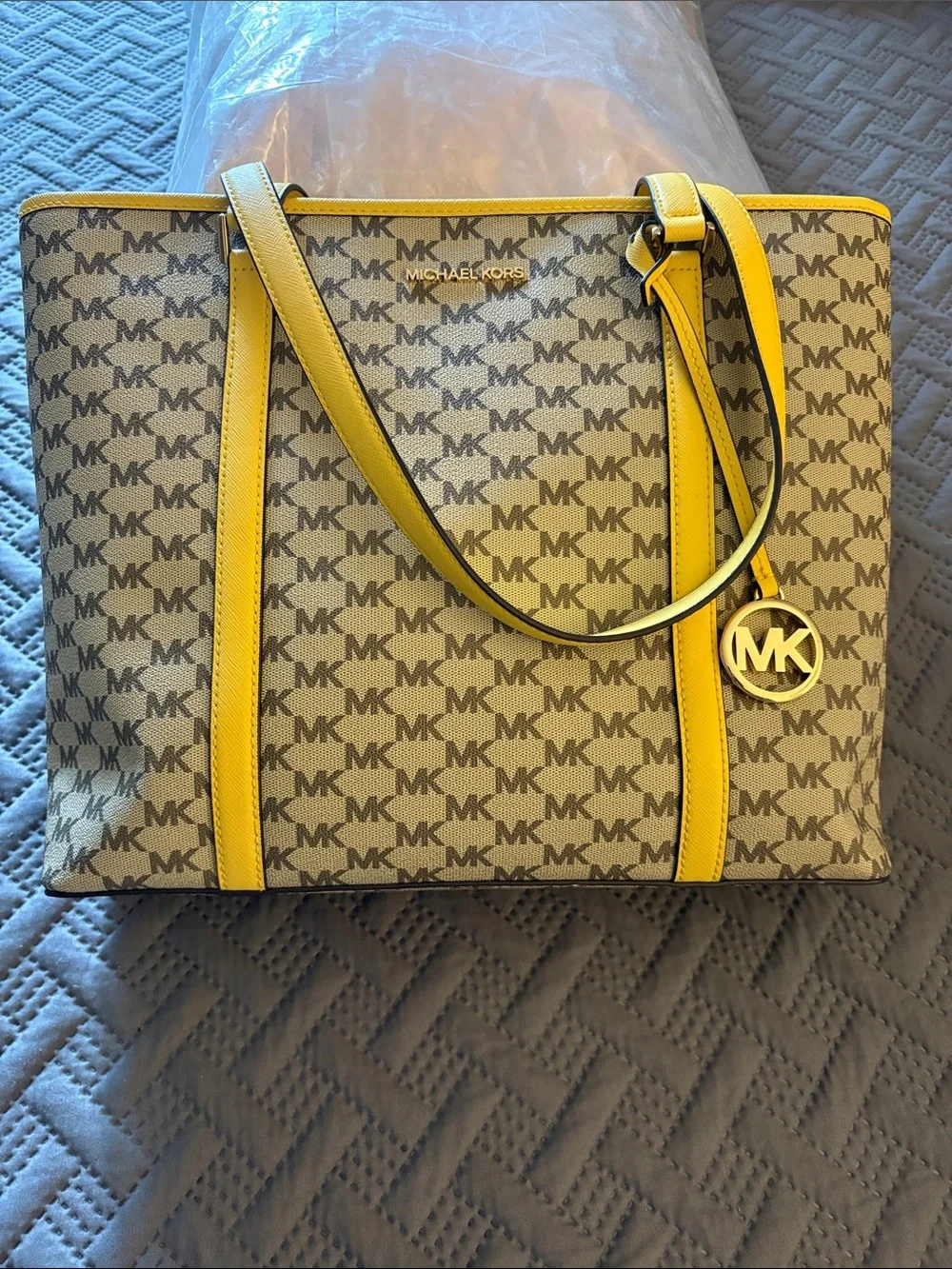 Michael Kors Beige MK Monogram Tote with Yellow Trim